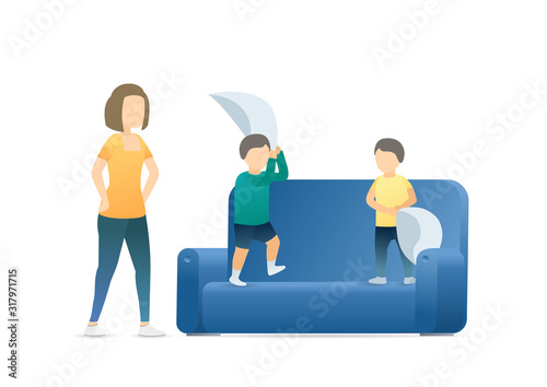 Motherhood problem flat vector illustration. Irritated mother and disobedient boys cartoon characters. Young woman babysitting naughty kids, children fighting with pillows. Parenting concept.
