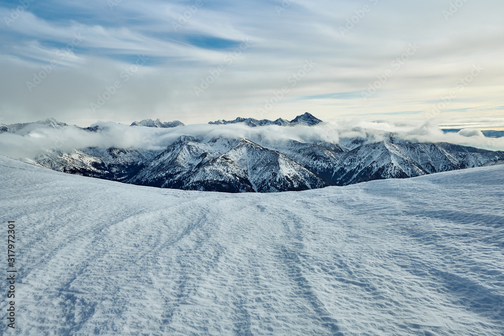 Winter mountain landscape. Wallpaper.  Tatra Mountains