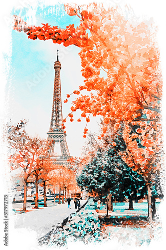 Beautiful Digital Watercolor Painting of the Eiffel Tower in Paris, France.	
