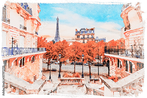 Beautiful Digital Watercolor Painting of the Eiffel Tower in Paris, France.	