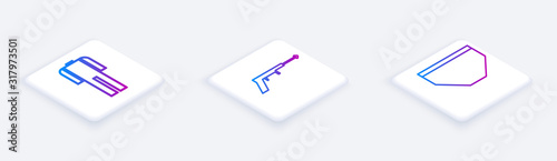 Set Isometric line Wetsuit for scuba diving, Fishing harpoon and Swimming trunks. White square button. Vector