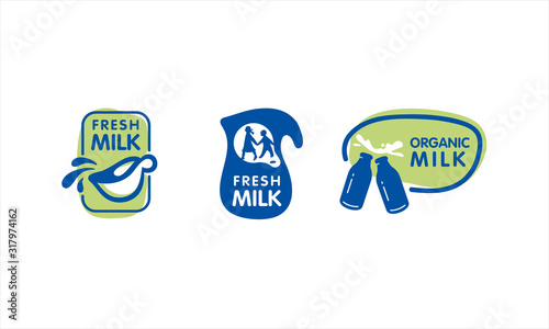 Milk symbol set. Bottle, jug, scoop. Dairy organic logo. Food and drink sign elements.