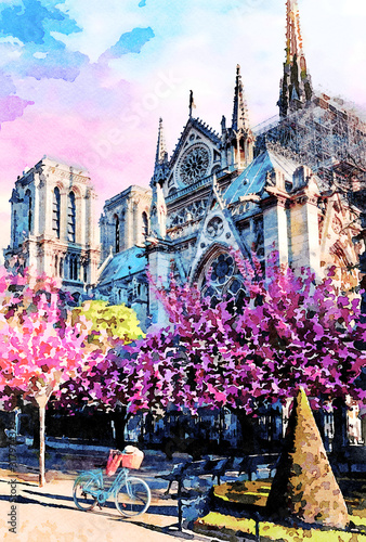 Beautiful Digital Watercolor Painting of Notre Dame in Paris, France.	