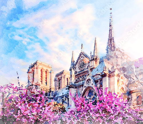 Beautiful Digital Watercolor Painting of Notre Dame in Paris, France. 