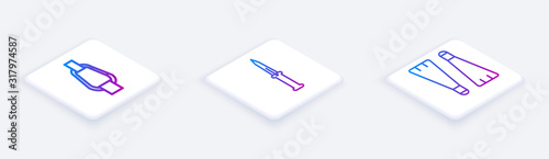 Set Isometric line Carabiner, Army knife and Rubber flippers for swimming. White square button. Vector