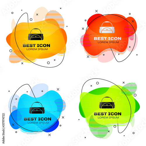 Black Sport bag icon isolated on white background. Set abstract banner with liquid shapes. Vector Illustration