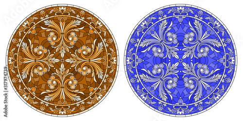 Set of illustrations in stained glass style with round floral arrangements, blue and brown