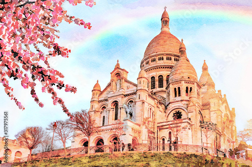 фотография Beautiful Digital Watercolor Painting of the Sacre Coeur in Paris, France