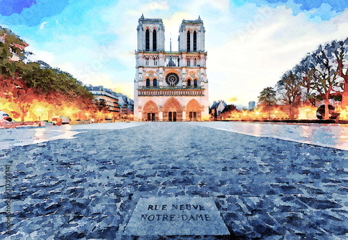 Beautiful Digital Watercolor Painting of Notre Dame in Paris, France.	