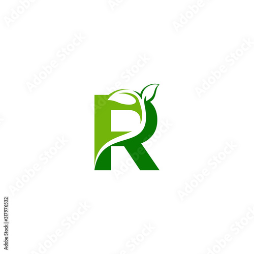 Combination of green leaf and initial letters R logo design vectors