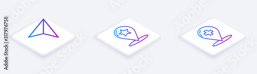 Set Isometric line Paper airplane, Map pointer with star and Medical map pointer with cross hospital. White square button. Vector