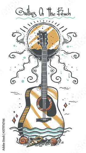 Guitars On The Beach. Graphic vector illustration with Guitar and water and seashells.