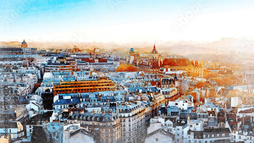 Beautiful Digital Watercolor Painting of Paris, France.	