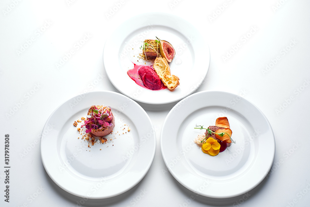 Set Food Menu On A White Plate. Top view of light dish perfect served.