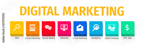 Digital Marketing Flat Vector Icons. Digital Marketing Vector Background with Icons.