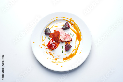 Set Food Menu On A White Plate. Top view of light dish perfect served.
