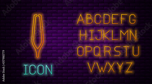 Glowing neon line Eyebrow tweezers icon isolated on brick wall background. Cosmetic tweezers for ingrown hair. Neon light alphabet. Vector Illustration