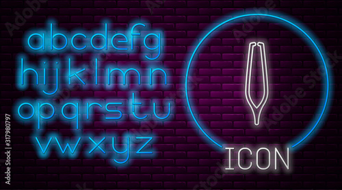 Glowing neon line Eyebrow tweezers icon isolated on brick wall background. Cosmetic tweezers for ingrown hair. Neon light alphabet. Vector Illustration