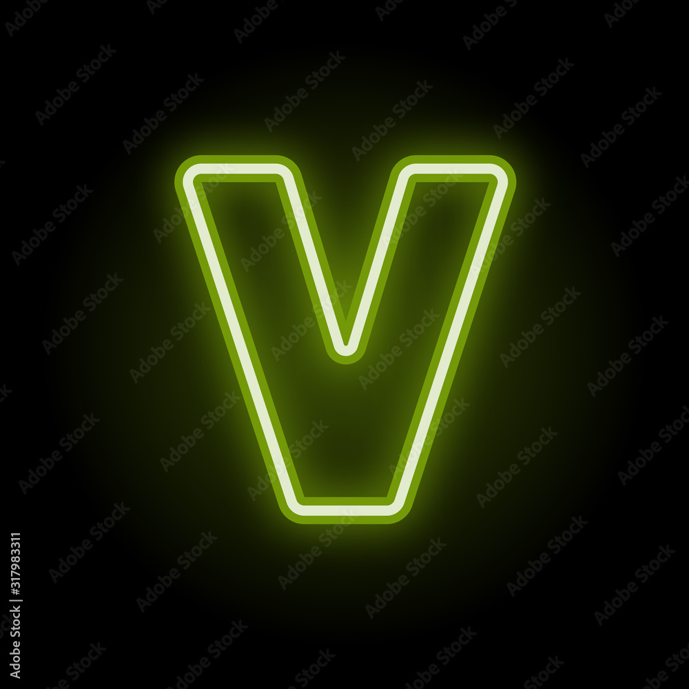 Green neon letter V with glow on black background. Blur effect is made with mesh. Vector illustration Green neon letter V with glow on black background. Blur effect is made with mesh. Vector illustration