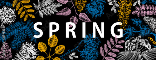 Vector banner with spring trees in flowers illustrations. Hand drawn blooming plant. Vector flower, leaf, branch, tre