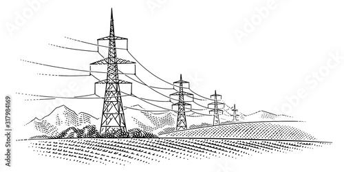 High voltage power line towers monochrome illustration. Electric transmission illustration. Vector. 