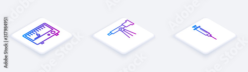 Set Isometric line Electrical measuring instruments, Telescope and Syringe. White square button. Vector