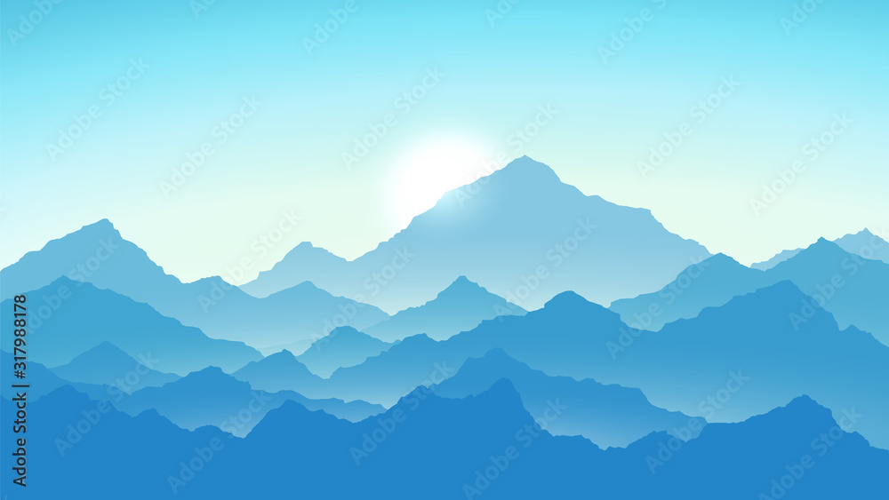 Sunrise in mountains. Mountains view in blue colors. Travel and tourism concept. Vector illustration