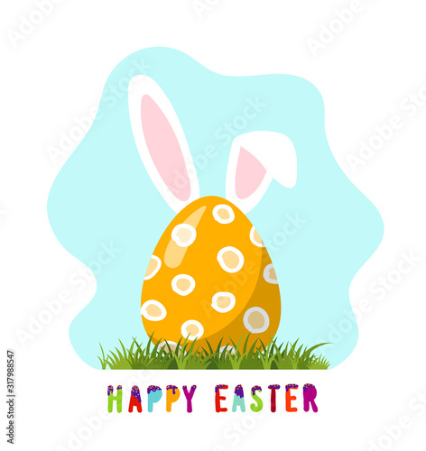 Happy easter illustration. Vector greeting card with colorful decorated egg on the grass and bunny ears. Festive easter sticker isolated on white background