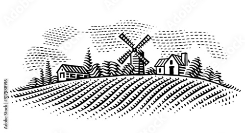 Rural landscape with windmill and village houses engraving style illustration. Vector. 