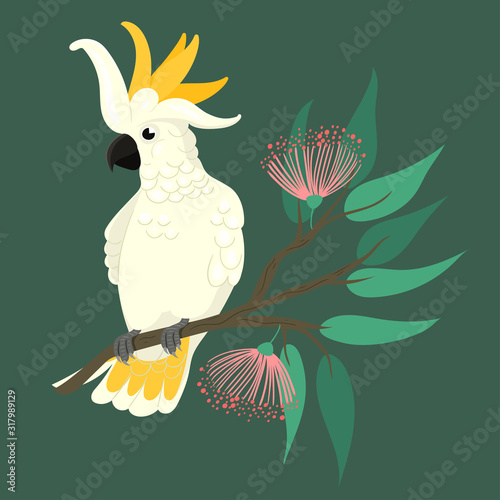 Cockatoo sits on a branch on a green background. Vector graphics.