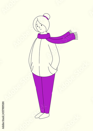 Young woman wearing long violet scarf, standing outside, cold wind clothes illustration. Hand drawn vector outline character.