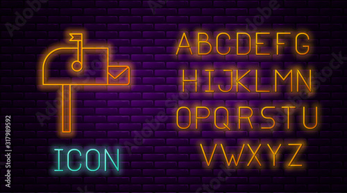 Glowing neon line Open mail box icon isolated on brick wall background. Mailbox icon. Mail postbox on pole with flag. Neon light alphabet. Vector Illustration