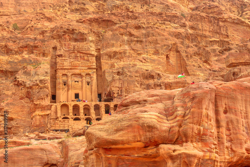 Petra in Jordan. Facade of Roman soldier s tomb so called Urn tomb  the Court  s located in the side of the mountain known as al-Khubta  above Wadi Musa.