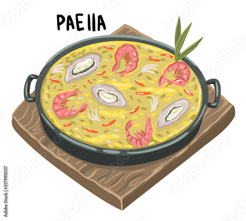 Traditional spanish seafood paella in pan rice, shrimps, mussels, on white background. Top view. Vector drawing