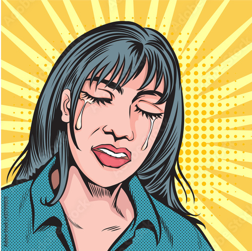 Beautiful woman crying hard.Pop art retro comic book cartoon drawing illustration kitsch vintage