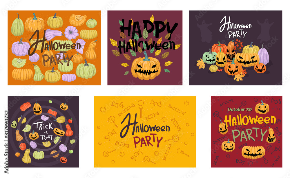 Halloween Set of flyers. Greeting card design with pumpkins and sweets. Vector illustration Halloween Set of flyers. Greeting card design with pumpkins and sweets. Vector illustration