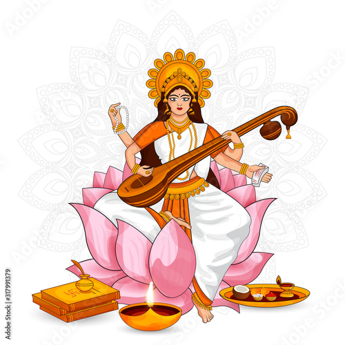 Beautiful Goddess of Wisdom, music, and knowledge Maa Saraswati vector illustration on the indian festival mandala background on Basant panchami. photo