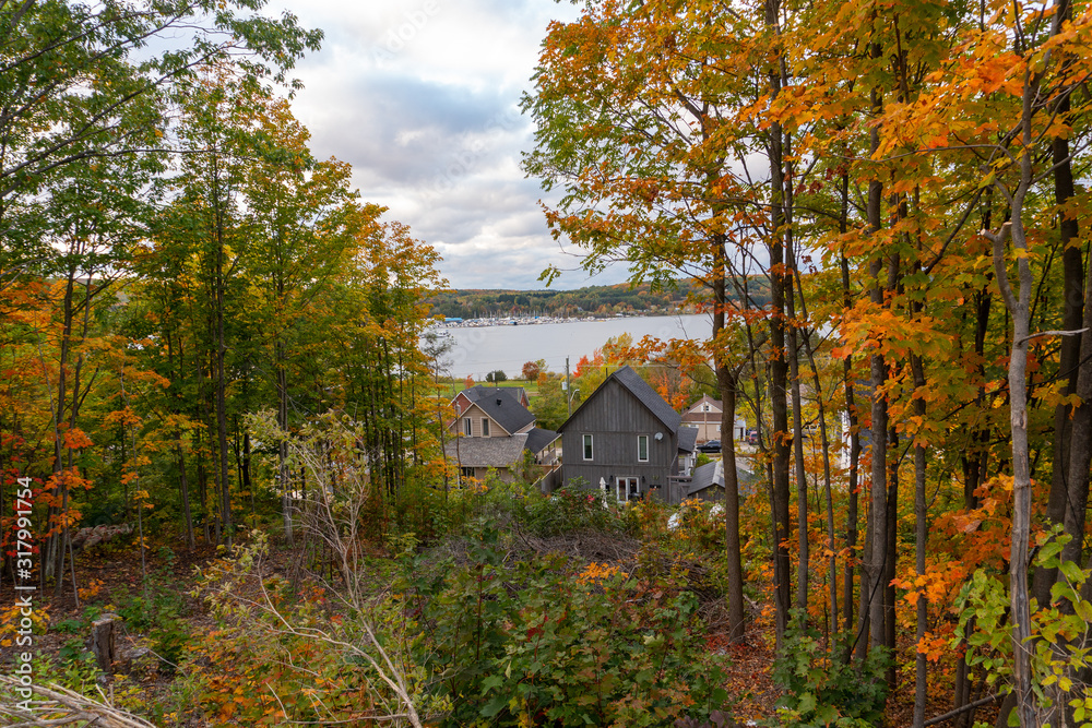 Houses in the autumn forest by the lake
