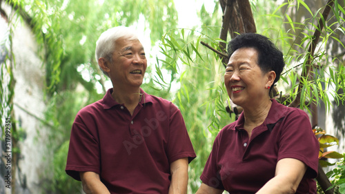 Talking Asian elder couple sitting in park under green willow tree