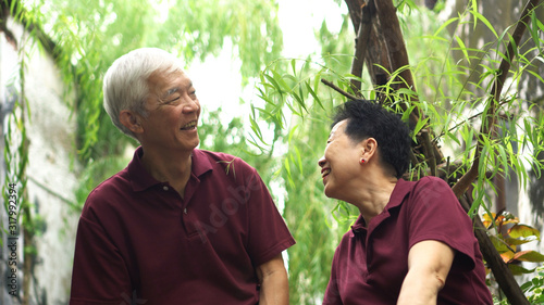 Talking Asian elder couple sitting in park under green willow tree © glowonconcept
