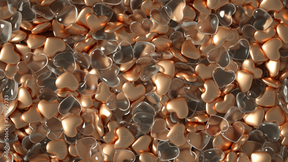 Obraz premium Beautiful golden background with hearts, Happy Valentine's Day! 3d illustration, 3d rendering.