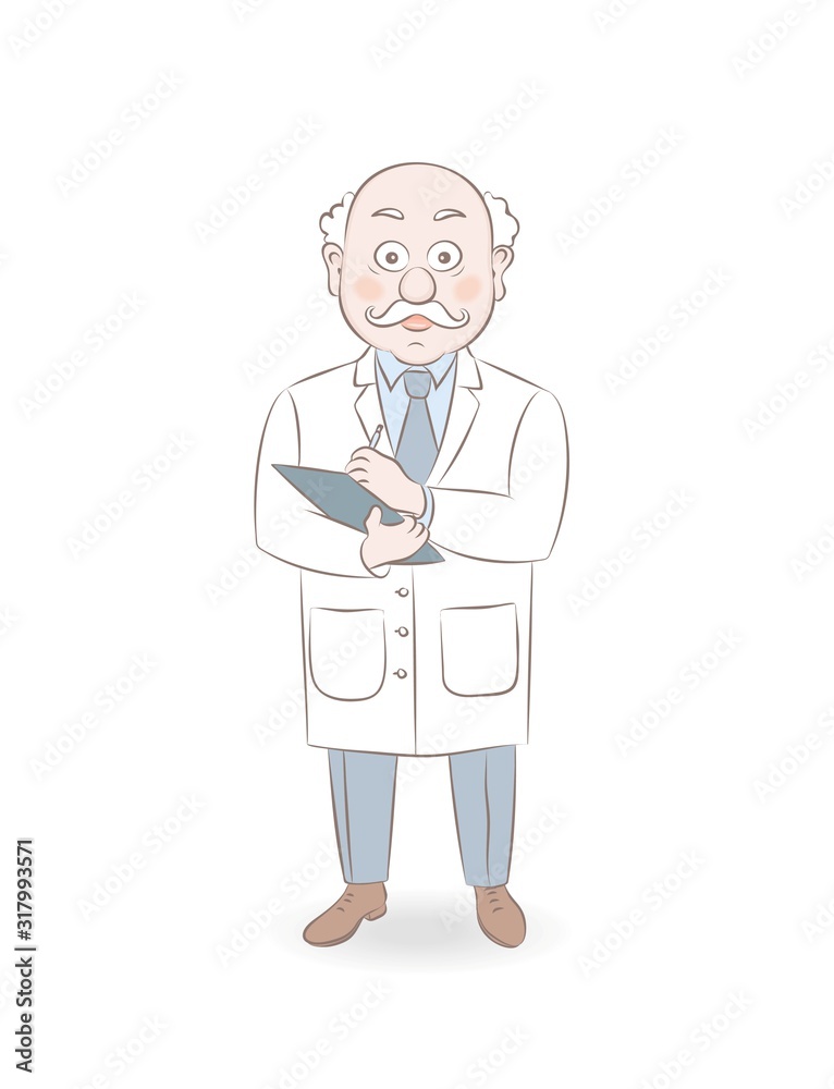 Funny cartoon illustration of a friendly doctor white coat.Isolated vector on a white background Funny cartoon illustration of a friendly doctor white coat.Isolated vector on a white background