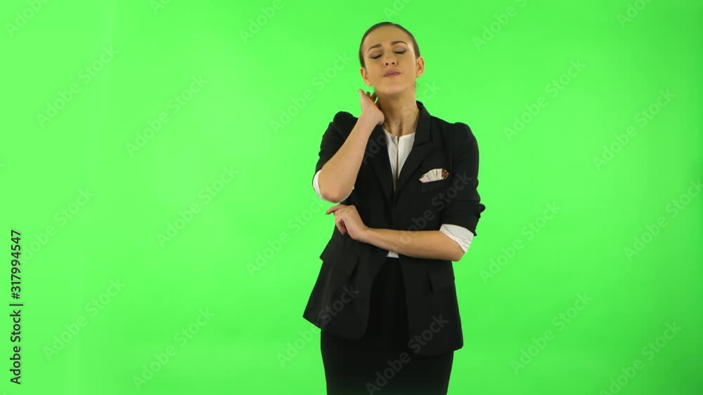 Woman suffering from headache from fatigue. Green screen Woman suffering from headache from fatigue. Green screen