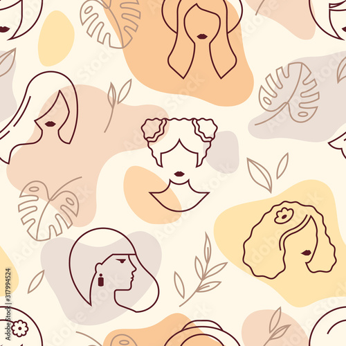Vector pattern with the faces of girls and leaves of plants in several colors.