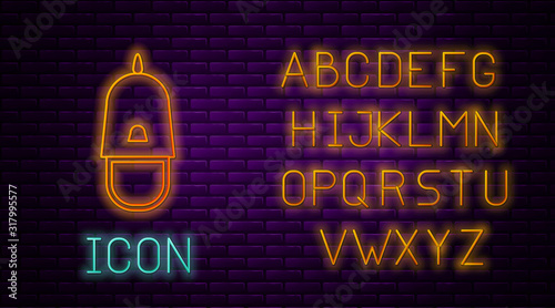 Glowing neon line Police cap with cockade icon isolated on brick wall background. Police hat sign. Neon light alphabet. Vector Illustration