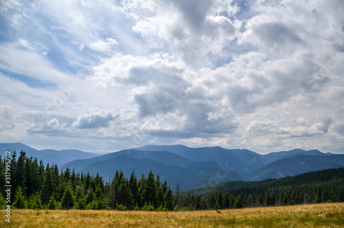 Beautiful scenic landscape of one of the mountain ranges of the Carpathians with mountains, and forest on the background of sky with clouds, Ukraine 