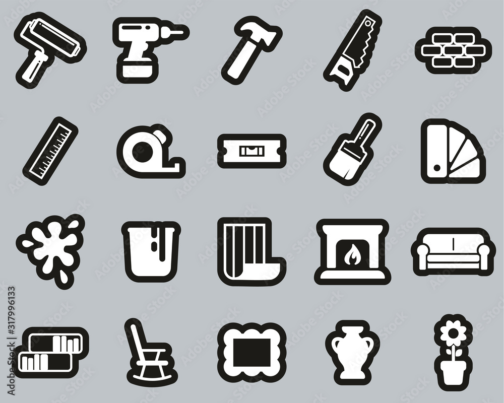 Home Decorating & Home Remodeling Icons White On Black Sticker Set Big