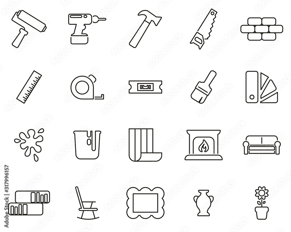 Home Decorating & Home Remodeling Icons Black & White Thin Line Set Big Home Decorating & Home Remodeling Icons Black & White Thin Line Set Big