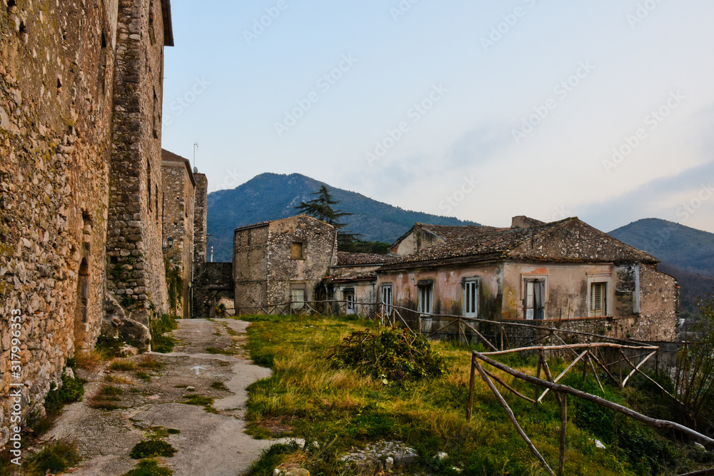 Vairano Paterona, Italy, 01/24/2020. Ruined buildings of an abandoned medieval village