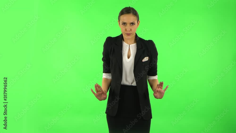 Girl refuses stress and takes situation, calms down, breathes deeply. Green screen Girl refuses stress and takes situation, calms down, breathes deeply. Green screen